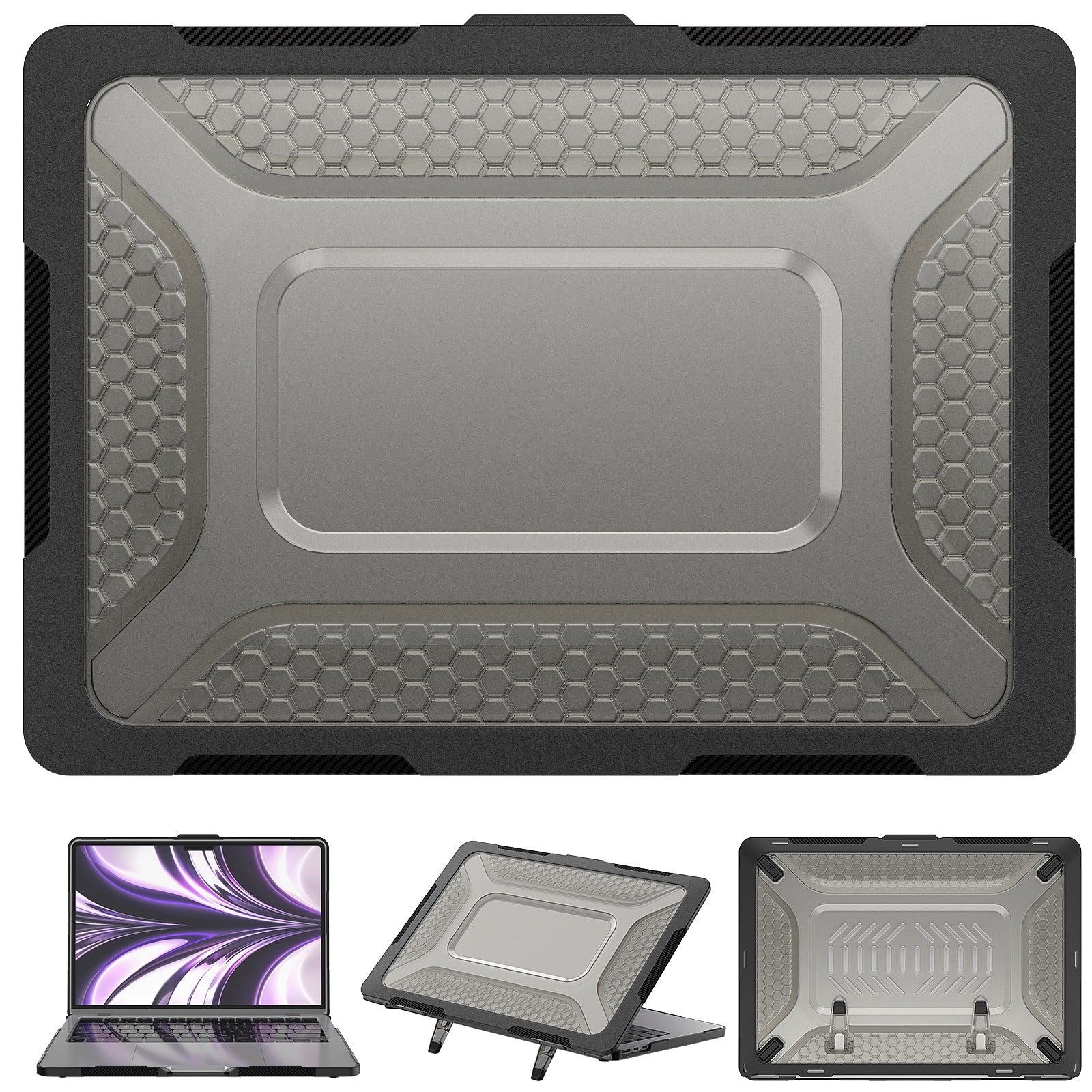 For MacBook Air 13 inch (2022) M2 A2681 Heat Dissipation Laptop Case Shockproof Hard PC Soft TPU Kickstand Cover - Black For MacBook Air 13 inch (2022) M2 A2681 Heat Dissipation Laptop Case Shockproof Hard PC Soft TPU Kickstand Cover - Black